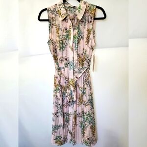 Nanette Lepore Pink Floral Dress Sz. 8 Sleeveless Tie Waist Pleats Button Down